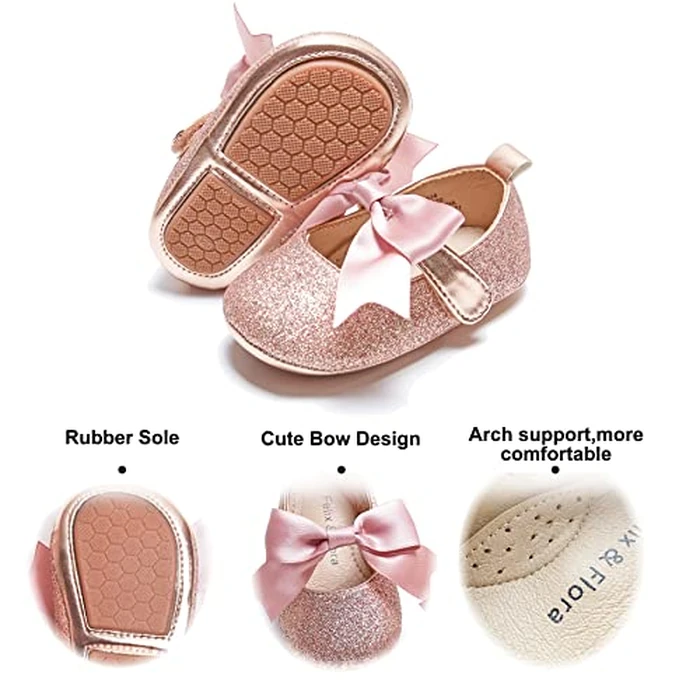 Soft Sole Leather Pink Baby Shoes - Infant Baby Walking Shoes Moccasinss Rubber Sole Crib Shoes(Pink,12-18Months Infant) by Felix & Flora - Image 4