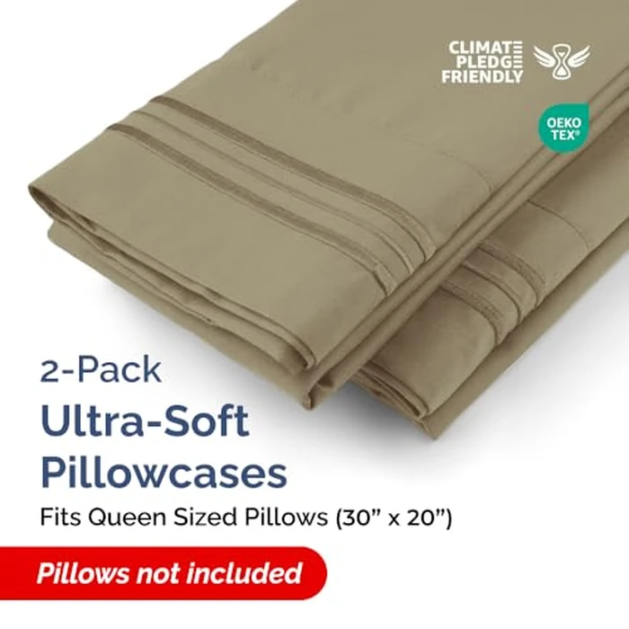 Queen Pillow Cases Set of 2 - Ultra Soft Hotel Quality Pillowcase Covers - Comfy, Cozy & Wrinkle Free - Shrinkage, Stain and Fade Resistant - Machine Washable Pillow Protectors - 2 Piece Set - Khaki by CGK Unlimited - Image 2