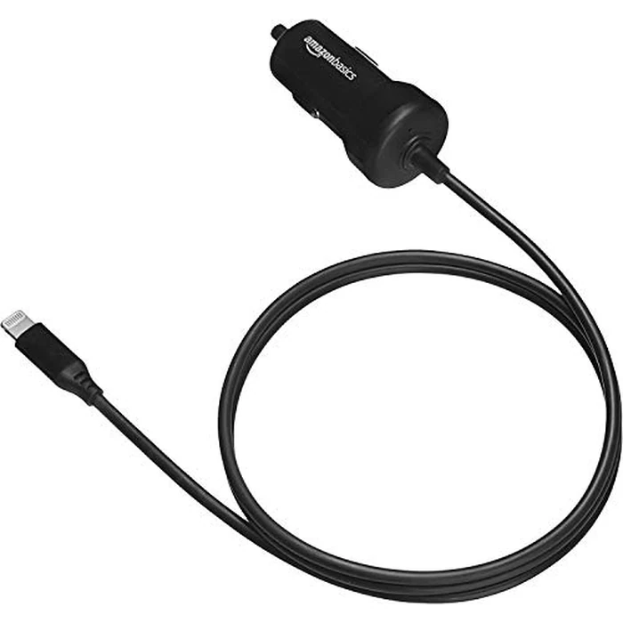 Amazon Basics 12W (5V, 2.4A) Car Charger with Lightning Cable (Straight) for iPhone and Apple Devices, 3 ft - Black by Amazon Basics - Used - Like New condition - CA$10.20