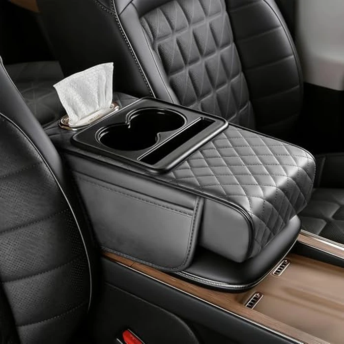 Car Armrest Cushion, Car Center Console Cover, Leather Armrest Cover for Car, Universal Middle Console Cushion with Storage Box, Cup Holder, Phone Slot, Waterproof Interior Accessories (Light gray) by FRIDADAKU - Used - Very Good condition