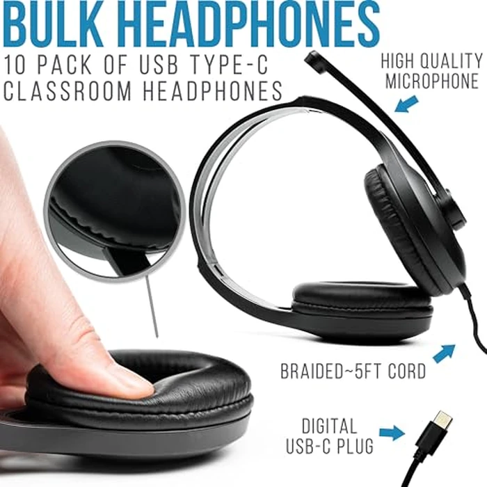 Barks USB-C Classroom Headphones with Microphone (12 Pack) - Durable On-Ear Bulk Headphones for Students K-12 Schools (USB Type-C Plug Compatible with Newer Chromebooks, iPads, Tablets & Most Laptops) by Barks - Image 2