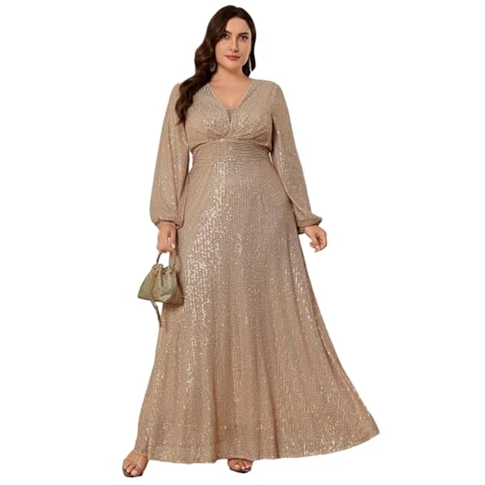 TOLEEN Women's Plus Size V-Neck Sequin Long Sleeve Elegant Formal Cocktail Party Maxi Dresses Beige by TOLEEN - Image 1