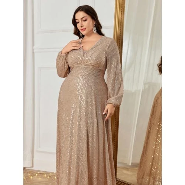 TOLEEN Women's Plus Size V-Neck Sequin Long Sleeve Elegant Formal Cocktail Party Maxi Dresses Beige by TOLEEN - Image 4