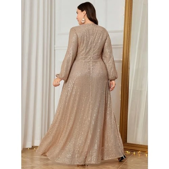 TOLEEN Women's Plus Size V-Neck Sequin Long Sleeve Elegant Formal Cocktail Party Maxi Dresses Beige by TOLEEN - Image 5
