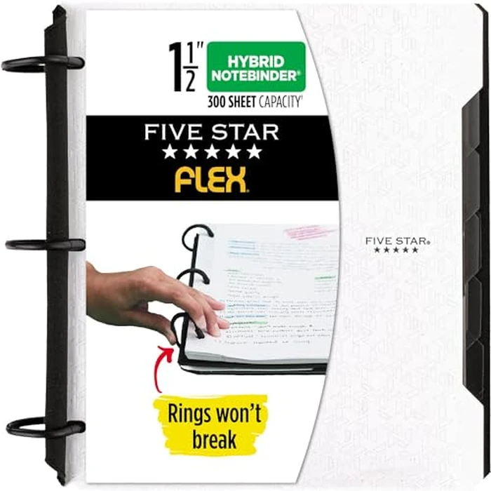 Five Star Flex Refillable Notebook + Study App, College Ruled Paper and 1-1/2 Inch TechLock Ring Binder with Pockets, Tabs and Dividers, 300 Sheet Capacity, White (29324AE2) by Five Star - Image 1