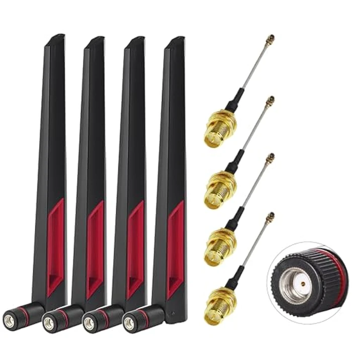 Geekstory WiFi Antenna Dual Band 2.4GHz 5.8GHz 12dBi RP-SMA Male Antenna 20cm+U.FL IPX IPEX to RP-SMA Female Cable RG1.13 for WiFi Router Wireless Adapter Network Card Security Camera(Pack of 4) by Geekstory - Used - Like New condition