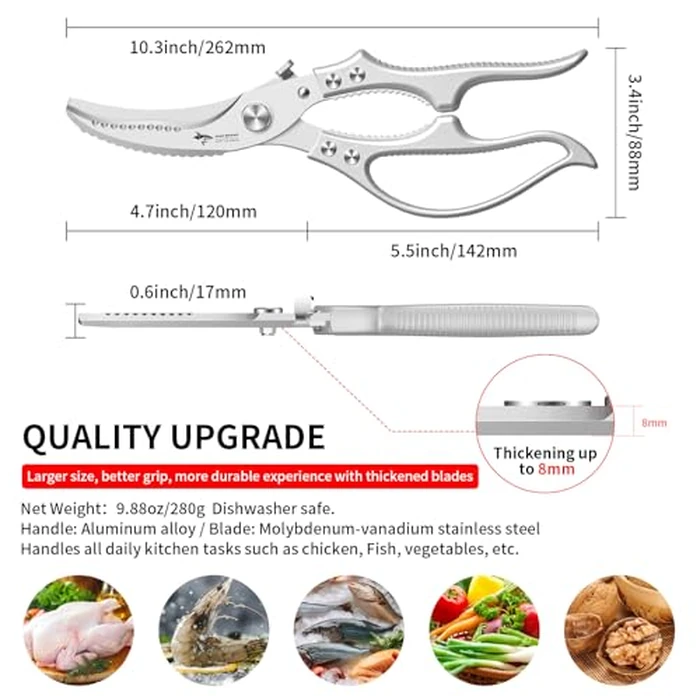 MAD SHARK Heavy Duty Poultry Shears, Kitchen Shears with Non-Slip Handle & Safety Lock, All Purpose Kitchen Scissors for Chicken, Meat Cutting, Turkey, Fish, Vegetables, Spring Loaded, Dishwasher Safe by MAD SHARK - Image 2