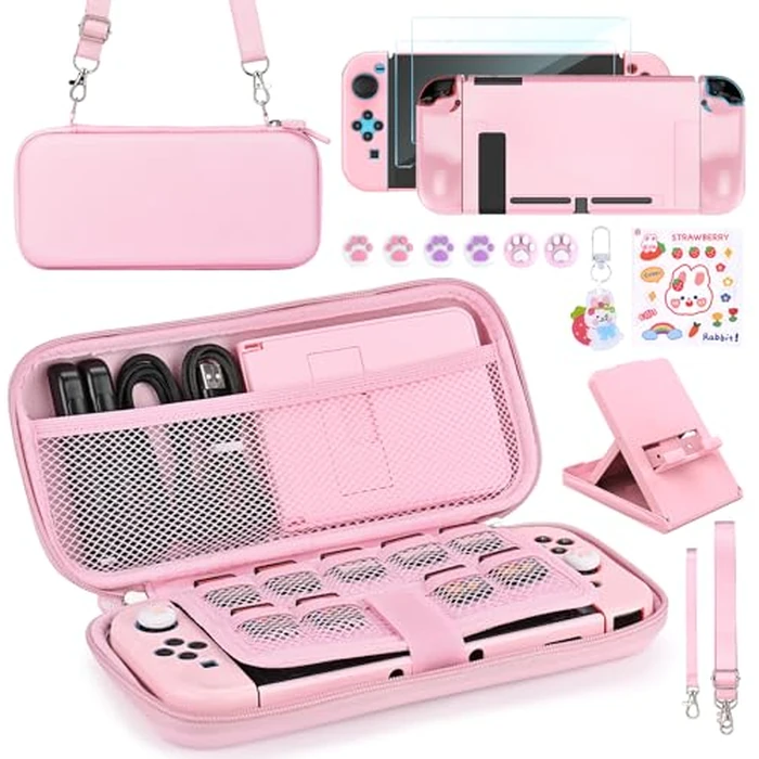 Younik Switch Accessories Bundle, 17 in 1 Pink Switch Accessories Kit for Girls Include Switch Carrying Case, Adjustable Stand, Protective Case for Switch Console & J-Con Pink by Younik - Used - Very Good condition