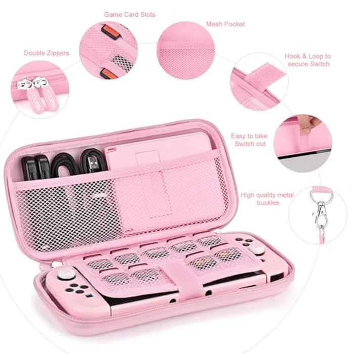 Younik Switch Accessories Bundle, 17 in 1 Pink Switch Accessories Kit for Girls Include Switch Carrying Case, Adjustable Stand, Protective Case for Switch Console & J-Con Pink by Younik - Image 3