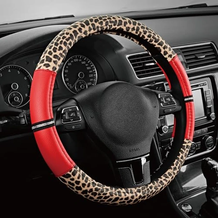 Road Comforts Leopard Steering Wheel Cover for Women, Cute Anti-Slip Microfiber Leather, Universal Fit 14.5-15 Inch Round Steering Wheel - Red by Road Comforts - Used - Very Good condition - US$15.98