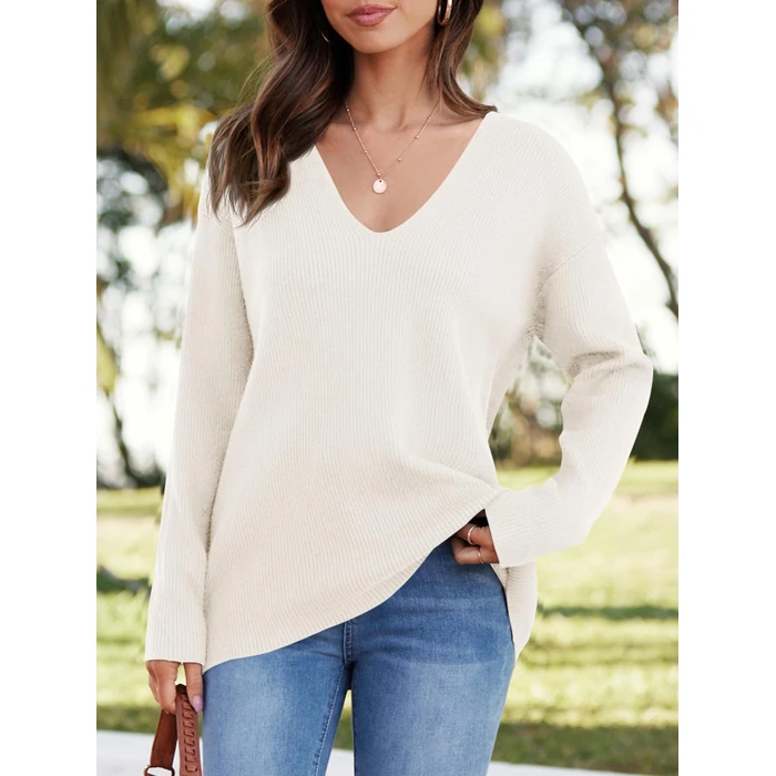 Imily Bela Women's Oversized Deep V Neck Sexy Long Sleeve Tunic Knitted Dressy Pullover Jumper Sweater Off-White by Imily Bela - Image 4