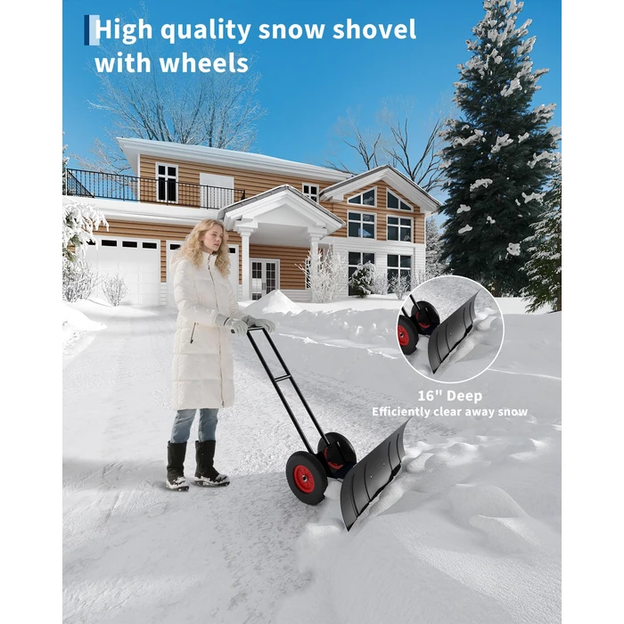 Heavy Duty Wheeled Snow Shovel Pusher - 40" W x 18" H Steel Blade with Adjustable Angle & Height, Double Pole Design for Effortless Driveway & Sidewalk Clearing - Back Saver Snow Plow w/Wheels by PeakPursuit - Image 2