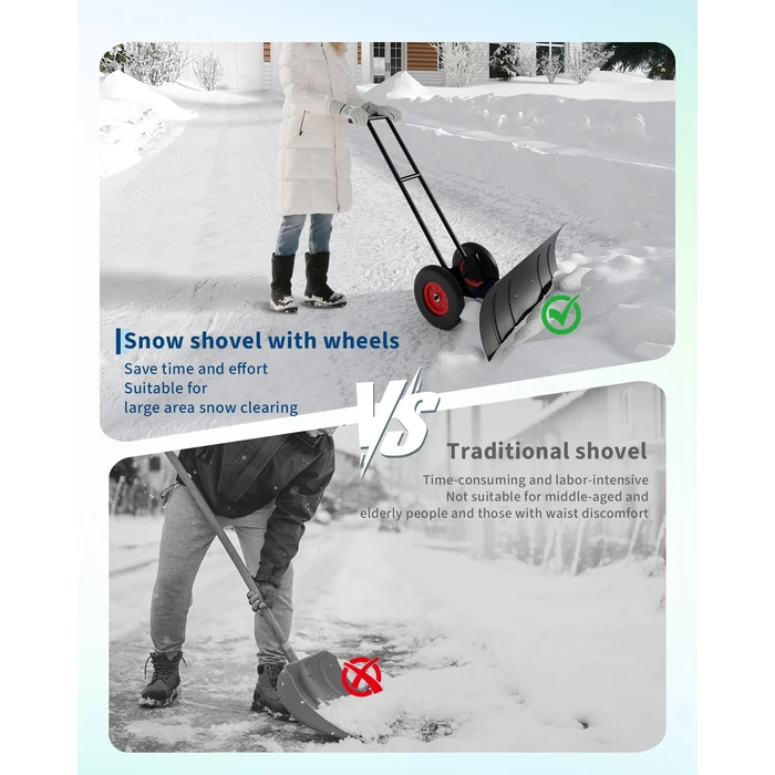 Heavy Duty Wheeled Snow Shovel Pusher - 40" W x 18" H Steel Blade with Adjustable Angle & Height, Double Pole Design for Effortless Driveway & Sidewalk Clearing - Back Saver Snow Plow w/Wheels by PeakPursuit - Image 7