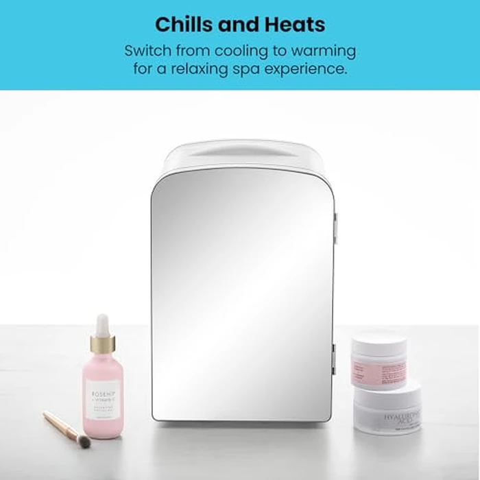 Chefman - Iceman Portable Mirrored Personal Fridge 4L Mini Refrigerator, Skin Care, Makeup Storage, Beauty, Serums & Face Masks, Small For Desktop Or Travel, Cool & Heat, Cosmetic Application, White by Chefman - Image 7