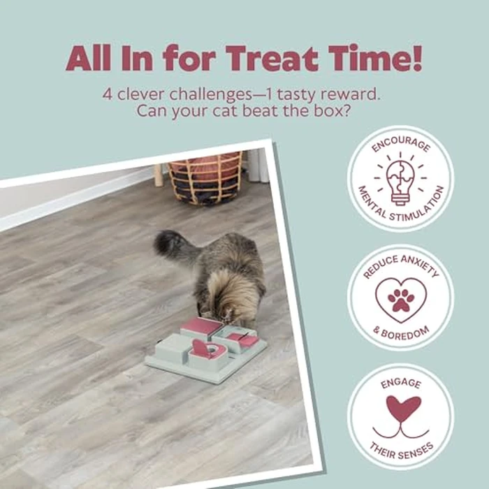 TRIXIE Cat Activity Poker Box Strategy Game - Interactive Puzzle Toy with 4 Modules - Treat Puzzle Feeder for Mental Stimulation & Slow Feeding - Pink/Gray, 12.2 x 12.2 x 2.5 in by TRIXIE - Image 3