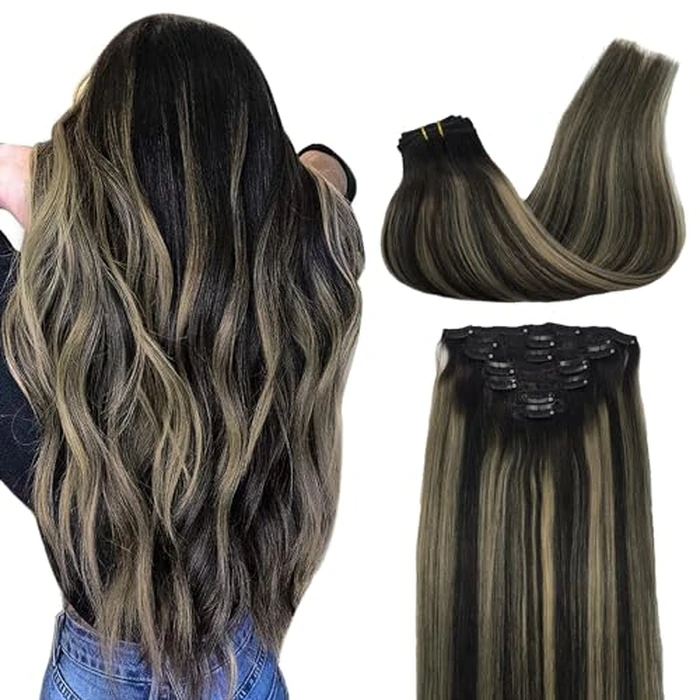 GOO GOO Clip in Hair Extensions Human Hair, 22inch 120g 7Pcs, #1B/19/1B Balayage Natural Black to Light Blonde, Hair extensions for women, Human Hair Extensions Clip in by GOO GOO - Used - Very Good condition