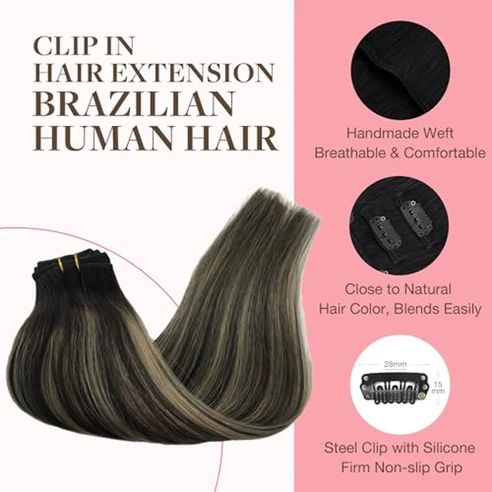 GOO GOO Clip in Hair Extensions Human Hair, 22inch 120g 7Pcs, #1B/19/1B Balayage Natural Black to Light Blonde, Hair extensions for women, Human Hair Extensions Clip in by GOO GOO - Image 3