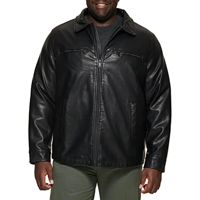 Dockers Men's James Faux Leather Jacket - Classic Motorcycle Zip-up Jacket, Black W. Chest Zip, 5X by DOCKERS - Used - Like New condition