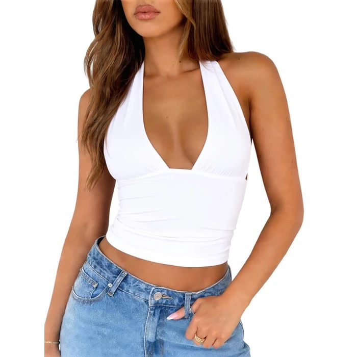 ForeFair Women's Sexy Halter Neck Backless Tank Top Deep V Neck Sleeveless Open Back Y2K Slim Fit Summer Crop Tops(S,White) by ForeFair - Used - Like New condition