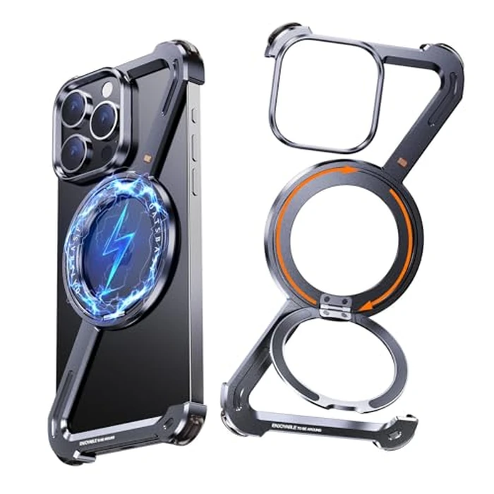 NIFBANG Z Shape Frameless Case for iPhone 16 Pro,Minimalist Case with Magnetic Kickstand 360 degreesRotatable,Bezel Less Slim Metal Cover with Ring Holder Magnetic Stand,Bumper Phone Cases,Black by NIFBANG - Used - Acceptable condition