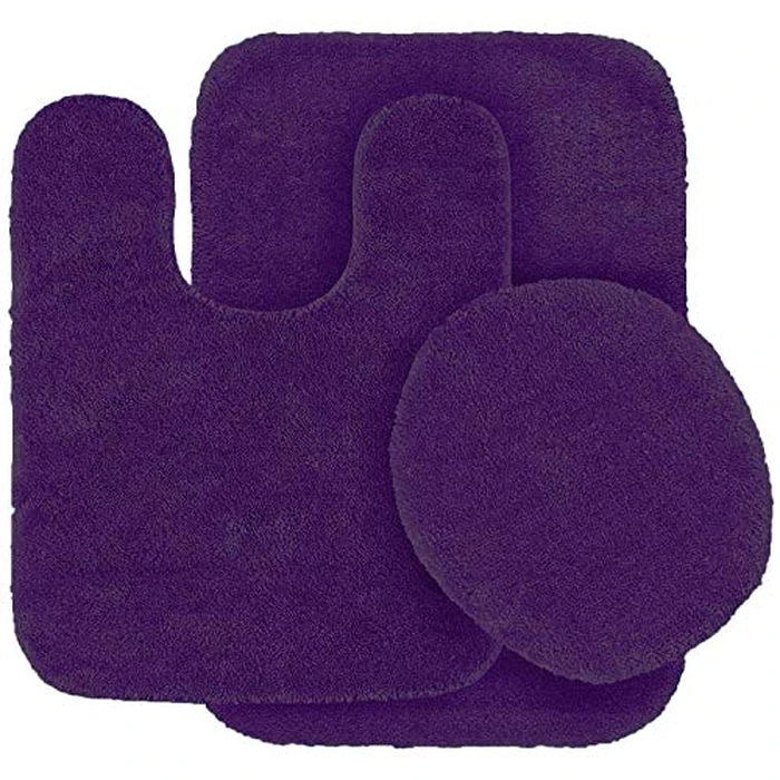3pc Solid Non Slip Soft Bath Rug Set for Bathroom U-Shaped Contour Rug, Mat and Toilet Lid Cover New# Angela (Purple) by Linen Plus - Used - Like New condition