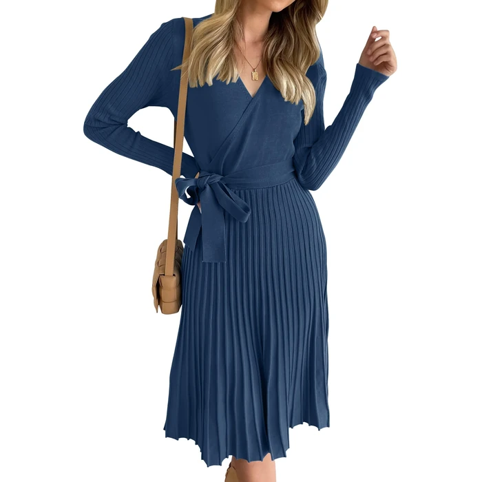 ZESICA Women's Spring Long Sleeve Wrap V Neck Ribbed Knit Pleated A Line Pullover Sweater Dress with Belt Navy X-Large by ZESICA - Used - Like New condition - US$32.46