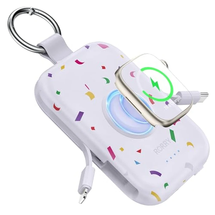 RORRY Portable Charger, 5000mAh Portable Charger Power Bank with Built-in Cables, Travel Keychain Battery Pack for Apple Watch Ultra 2/9/8/Ultra/7/6/SE/5, iPhone 16/15/14/13/12, Confetti-Purple by RORRY - Used - Good condition