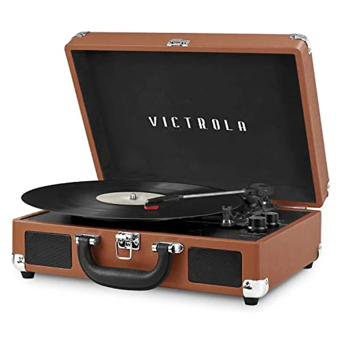 Victrola Journey Bluetooth Portable Suitcase Record Player - with Built-in Speakers, 3 Speed Vinyl Record Player, RCA Out, Headphone Jack (Cognac) by Victrola - Used - Acceptable condition - CA$42.67