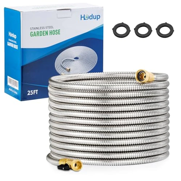 Metal Garden Hose 25 FT, Stainless Steel Water Hose, Garden Hose Tough & Flexible, Lightweight, Crush Resistant Brass Fittings & Shut Off Valve, Kink & Tangle Free, Rust Proof (Silver) by HODUP - Used - Very Good condition - CA$23.22