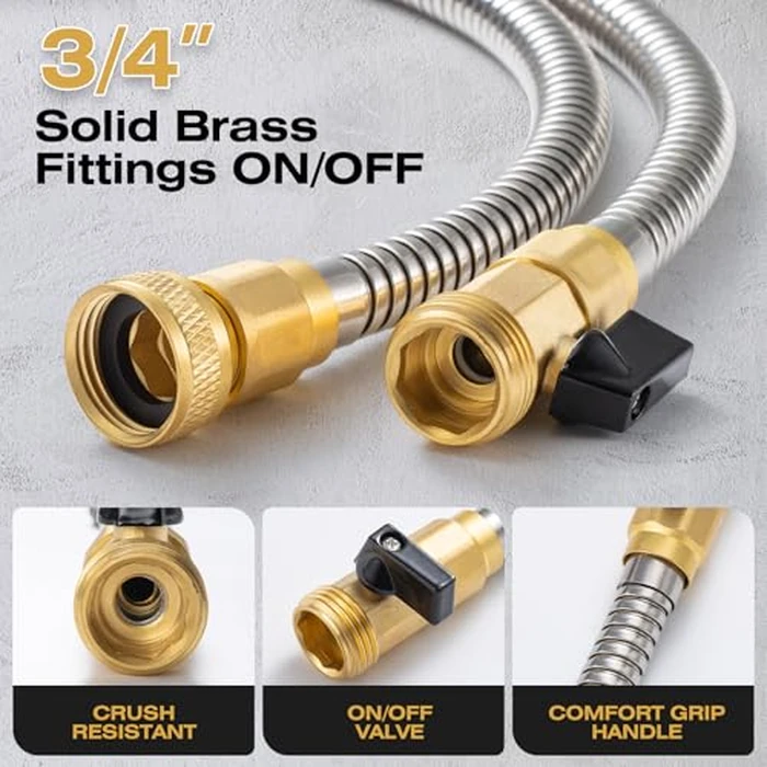 Metal Garden Hose 25 FT, Stainless Steel Water Hose, Garden Hose Tough & Flexible, Lightweight, Crush Resistant Brass Fittings & Shut Off Valve, Kink & Tangle Free, Rust Proof (Silver) by HODUP - Image 2