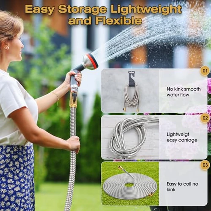 Metal Garden Hose 25 FT, Stainless Steel Water Hose, Garden Hose Tough & Flexible, Lightweight, Crush Resistant Brass Fittings & Shut Off Valve, Kink & Tangle Free, Rust Proof (Silver) by HODUP - Image 3