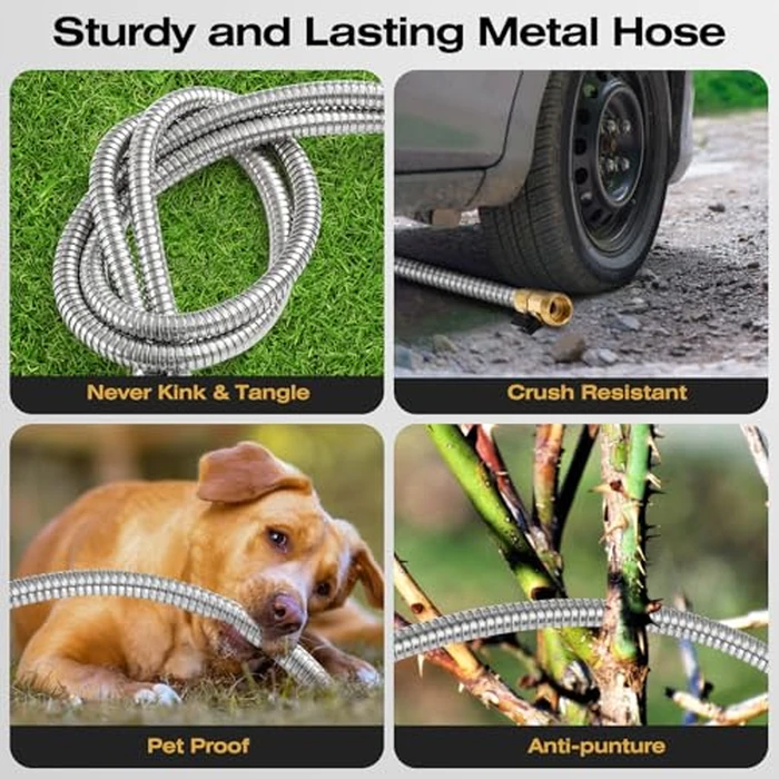 Metal Garden Hose 25 FT, Stainless Steel Water Hose, Garden Hose Tough & Flexible, Lightweight, Crush Resistant Brass Fittings & Shut Off Valve, Kink & Tangle Free, Rust Proof (Silver) by HODUP - Image 5
