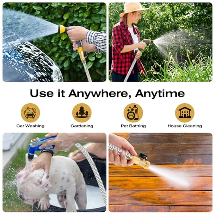 Metal Garden Hose 25 FT, Stainless Steel Water Hose, Garden Hose Tough & Flexible, Lightweight, Crush Resistant Brass Fittings & Shut Off Valve, Kink & Tangle Free, Rust Proof (Silver) by HODUP - Image 6