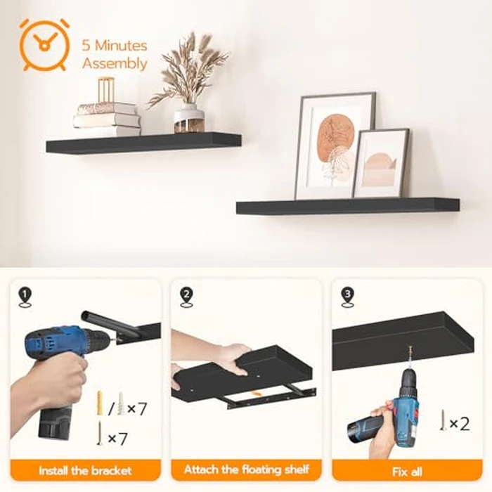 HOOBRO Floating Shelves, Wall Shelf Set of 2, 60 cm Hanging Shelf with Invisible Brackets, for Wall Decor in Bathroom, Bedroom, Toilet, Kitchen, Living Room, Office, Black BK60BJ01 by HOOBRO - Image 7