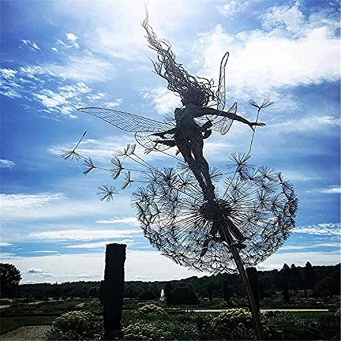 Fcteap Flower Fairy Dancing with Dandelion Garden Art Sculpture Stainless Steel Statue Christmas Halloween Decoration for Outdoor Yard Courtyard Lawn Patio Metal Ornaments (Open Hands) by Fcteap - Image 1