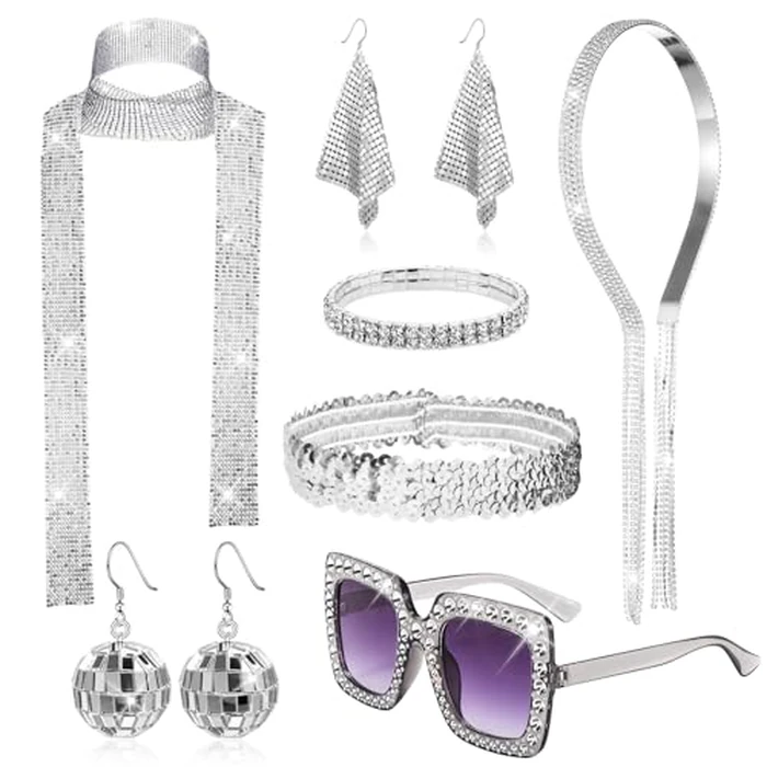 FIRSAUKI 70s Disco Jewelry Set for Women Disco Earrings Sequin Scarf Sunglasses Diamond Bracelet Headband Costume Jewelry S by FIRSAUKI - Used - Like New condition