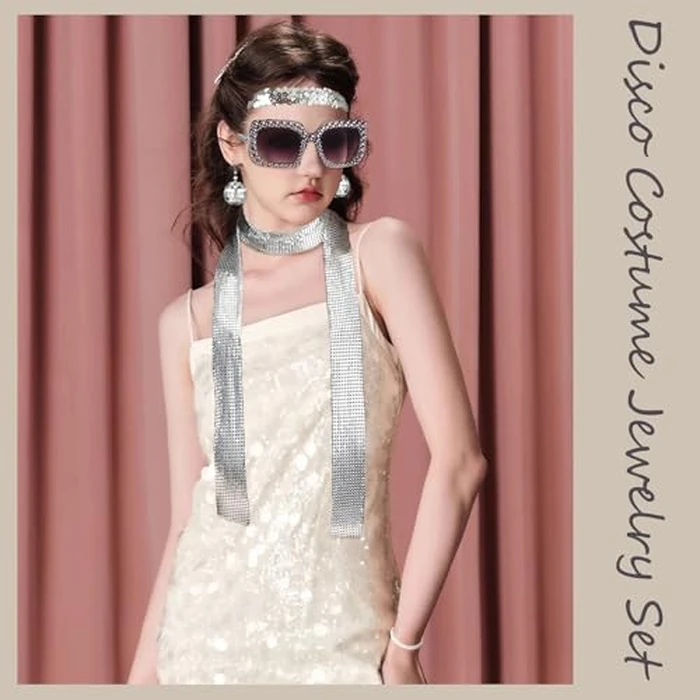 FIRSAUKI 70s Disco Jewelry Set for Women Disco Earrings Sequin Scarf Sunglasses Diamond Bracelet Headband Costume Jewelry S by FIRSAUKI - Image 2