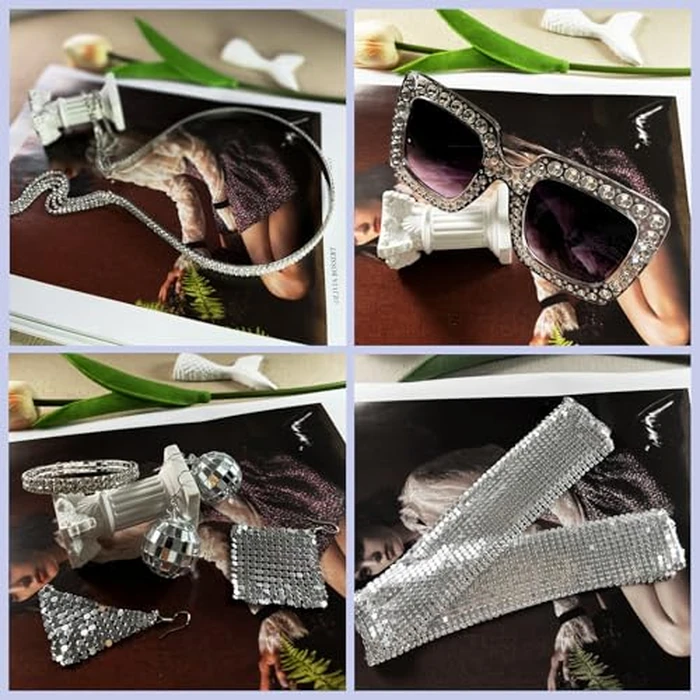 FIRSAUKI 70s Disco Jewelry Set for Women Disco Earrings Sequin Scarf Sunglasses Diamond Bracelet Headband Costume Jewelry S by FIRSAUKI - Image 5