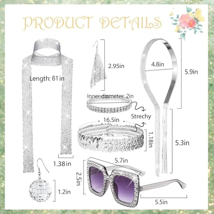 FIRSAUKI 70s Disco Jewelry Set for Women Disco Earrings Sequin Scarf Sunglasses Diamond Bracelet Headband Costume Jewelry S by FIRSAUKI - Image 6