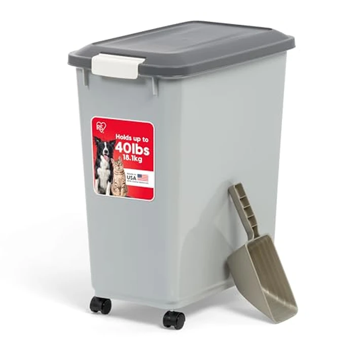 IRIS USA Dog Food Storage Container with Wheels, Airtight Lid, 2-Cup Scoop, Up to 40 Pounds Pet Food Storage, Built in Scoop Storage in Lid, Versatile Pet Food Bin, Portable, BPA Free, Gray/Dark Gray by IRIS USA - Used - Acceptable condition