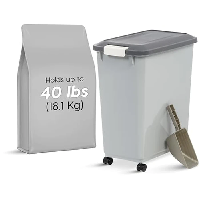 IRIS USA Dog Food Storage Container with Wheels, Airtight Lid, 2-Cup Scoop, Up to 40 Pounds Pet Food Storage, Built in Scoop Storage in Lid, Versatile Pet Food Bin, Portable, BPA Free, Gray/Dark Gray by IRIS USA - Image 2