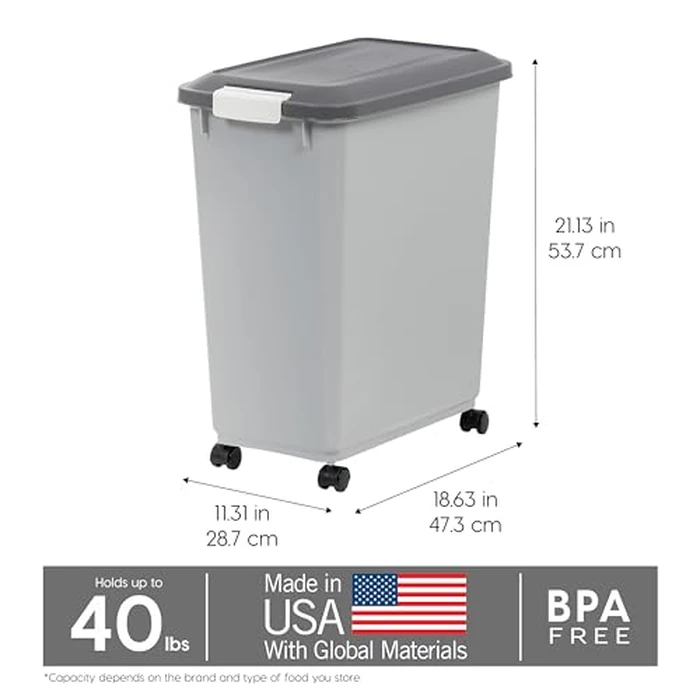 IRIS USA Dog Food Storage Container with Wheels, Airtight Lid, 2-Cup Scoop, Up to 40 Pounds Pet Food Storage, Built in Scoop Storage in Lid, Versatile Pet Food Bin, Portable, BPA Free, Gray/Dark Gray by IRIS USA - Image 3