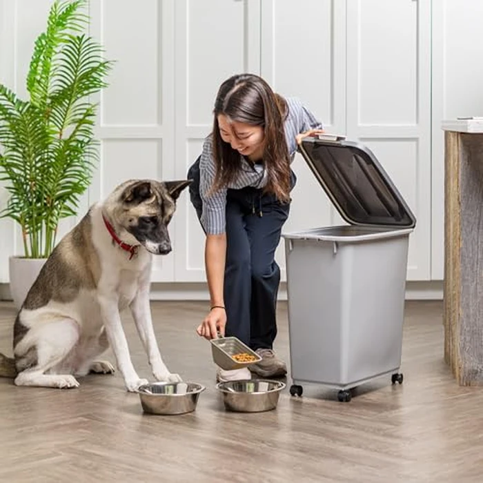 IRIS USA Dog Food Storage Container with Wheels, Airtight Lid, 2-Cup Scoop, Up to 40 Pounds Pet Food Storage, Built in Scoop Storage in Lid, Versatile Pet Food Bin, Portable, BPA Free, Gray/Dark Gray by IRIS USA - Image 6