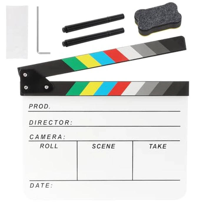 Ribvane Acrylic Movie Film Directors Clapboard, Photography Video TV Cut Action Scene Slate Clapper Board Props with a Magnetic Blackboard Eraser, Two Custom Pens, Cleaning Cloth and Hex Wrench, White by Ribvane - Used - Very Good condition - CA$13.75