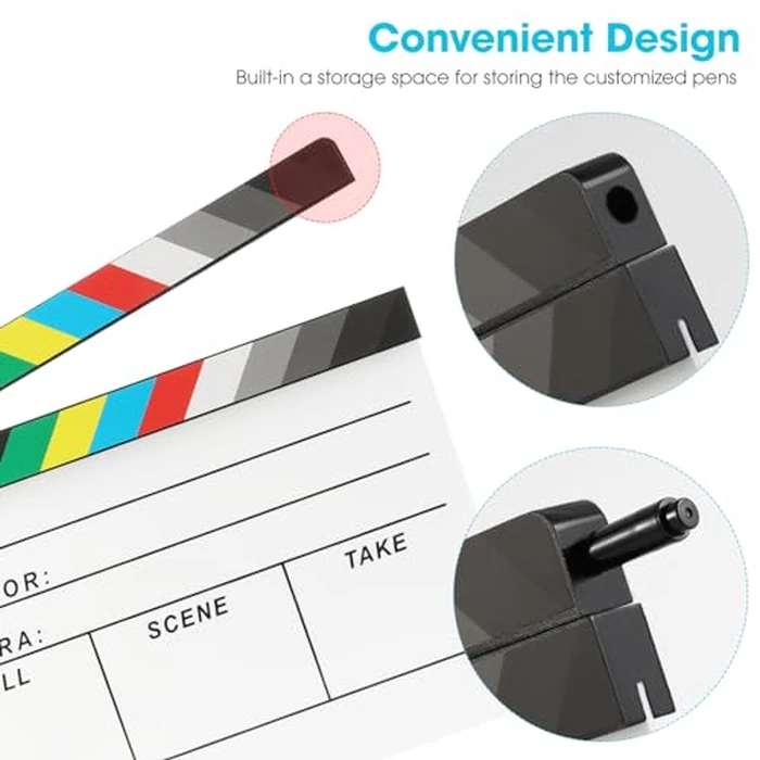 Ribvane Acrylic Movie Film Directors Clapboard, Photography Video TV Cut Action Scene Slate Clapper Board Props with a Magnetic Blackboard Eraser, Two Custom Pens, Cleaning Cloth and Hex Wrench, White by Ribvane - Image 2