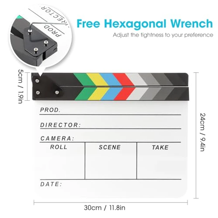 Ribvane Acrylic Movie Film Directors Clapboard, Photography Video TV Cut Action Scene Slate Clapper Board Props with a Magnetic Blackboard Eraser, Two Custom Pens, Cleaning Cloth and Hex Wrench, White by Ribvane - Image 3