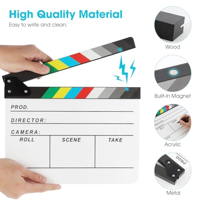 Ribvane Acrylic Movie Film Directors Clapboard, Photography Video TV Cut Action Scene Slate Clapper Board Props with a Magnetic Blackboard Eraser, Two Custom Pens, Cleaning Cloth and Hex Wrench, White by Ribvane - Image 4