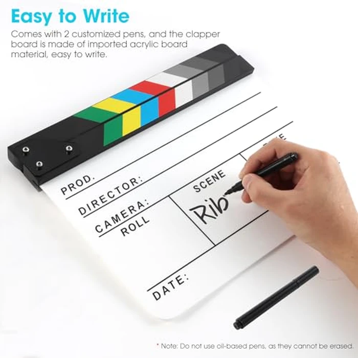 Ribvane Acrylic Movie Film Directors Clapboard, Photography Video TV Cut Action Scene Slate Clapper Board Props with a Magnetic Blackboard Eraser, Two Custom Pens, Cleaning Cloth and Hex Wrench, White by Ribvane - Image 5