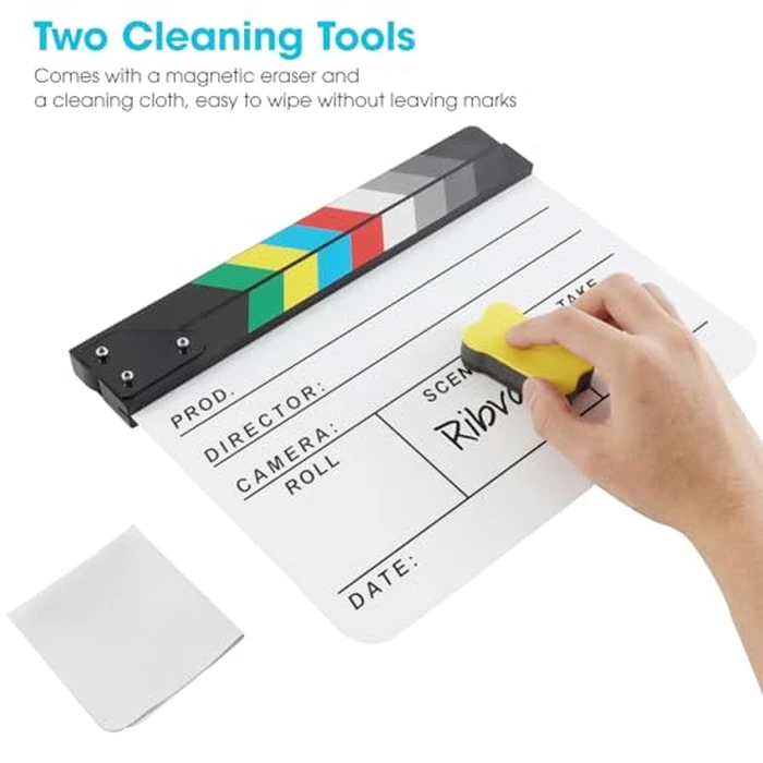 Ribvane Acrylic Movie Film Directors Clapboard, Photography Video TV Cut Action Scene Slate Clapper Board Props with a Magnetic Blackboard Eraser, Two Custom Pens, Cleaning Cloth and Hex Wrench, White by Ribvane - Image 6