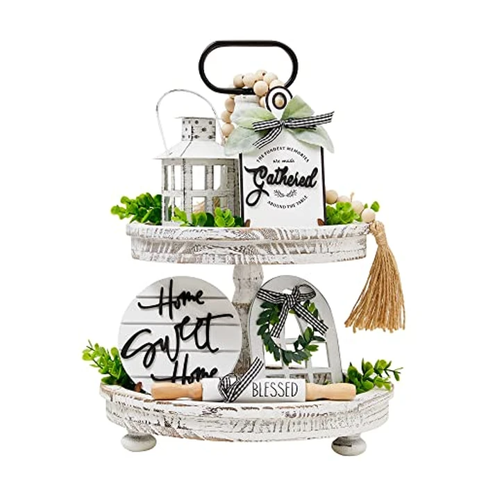 Houmury Set of 17 Farmhouse Tiered Tray with 1 Lantern Artificial Plant& Cutting Board Sign for Rustic Home Sweet Home Kitchen Decor Tier Tray Decor Set by Houmury - Used - Like New condition - US$39.24